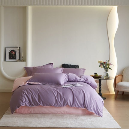 盛馨 2024新款40长绒棉美拉德色系纯色双拼全棉四件套纯棉三件套床笠套件 风信紫