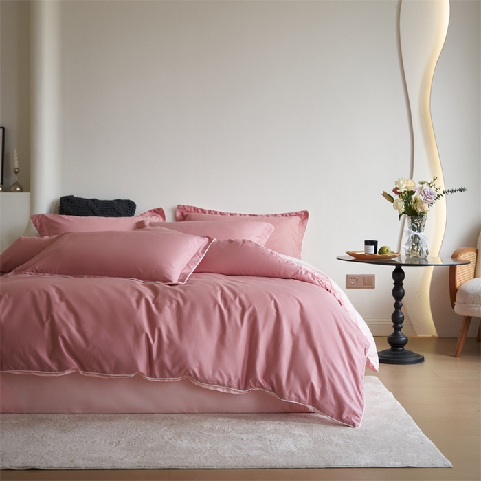 91家纺网 家纺一手货源 找家纺 盛馨 2024新款40长绒棉美拉德色系纯色双拼全棉四件套纯棉三件套床笠套件 瑞士红