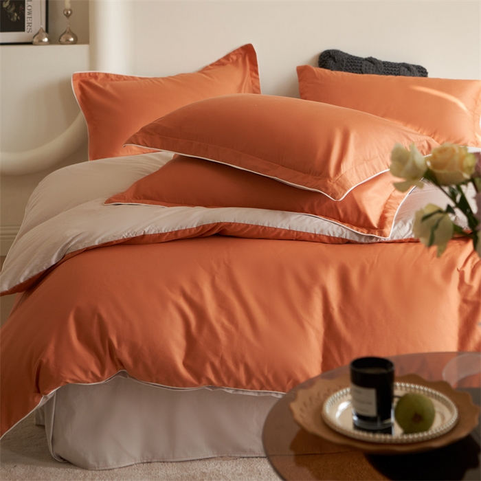 91家纺网 家纺一手货源 找家纺 盛馨 2024新款40长绒棉美拉德色系纯色双拼全棉四件套纯棉三件套床笠套件 橘橙