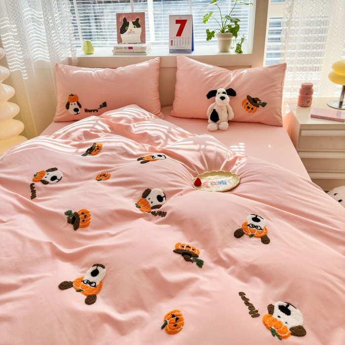 91家纺网 家纺一手货源 找家纺 锦觅 2024春夏新品韩式小清新全棉水洗棉毛巾绣40支重工刺绣纯棉四件套 南瓜派对