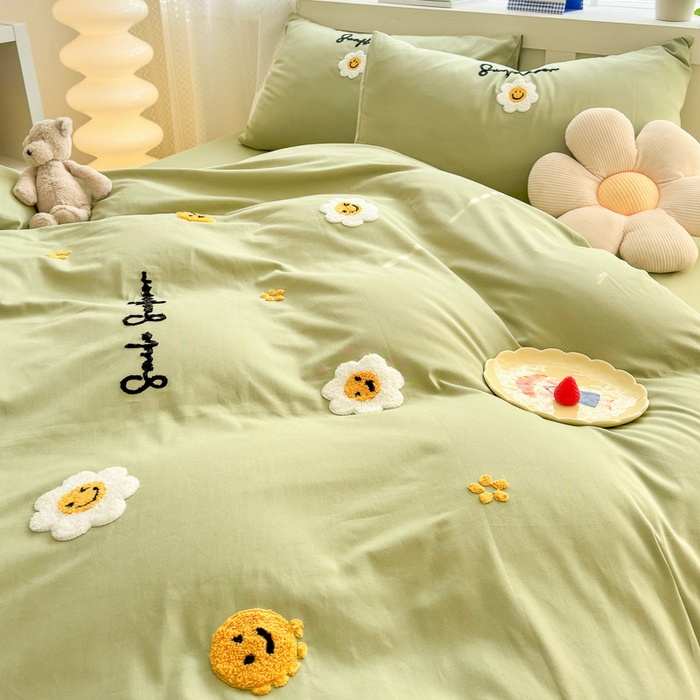 91家纺网 家纺一手货源 找家纺 锦觅 2024春夏新品韩式小清新全棉水洗棉毛巾绣40支重工刺绣纯棉四件套 微笑（豆绿）