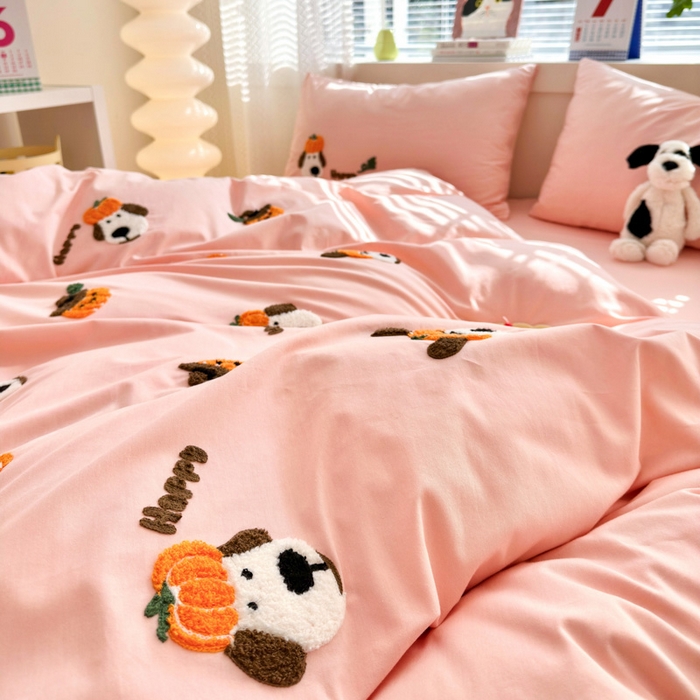 91家纺网 家纺一手货源 找家纺 锦觅 2024春夏新品韩式小清新全棉水洗棉毛巾绣40支重工刺绣纯棉四件套 南瓜派对