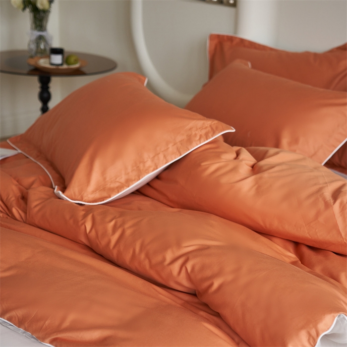91家纺网 家纺一手货源 找家纺 盛馨 2024新款40长绒棉美拉德色系纯色双拼全棉四件套纯棉三件套床笠套件 橘橙