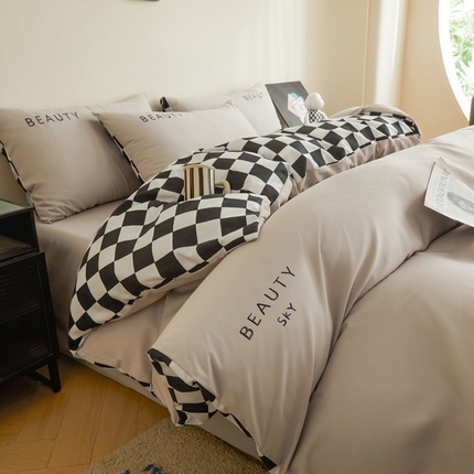 91家纺网 家纺一手货源 找家纺 （总）麦空家居 2025新款水洗棉刺绣四件套-布丁（棋盘格）