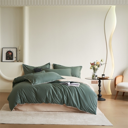 盛馨 2024新款40长绒棉美拉德色系纯色双拼全棉四件套纯棉三件套床笠套件 复古墨绿
