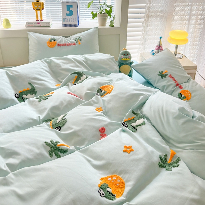 91家纺网 家纺一手货源 找家纺 锦觅 2024春夏新品韩式小清新全棉水洗棉毛巾绣重工刺绣纯棉四件套 萌趣小龙