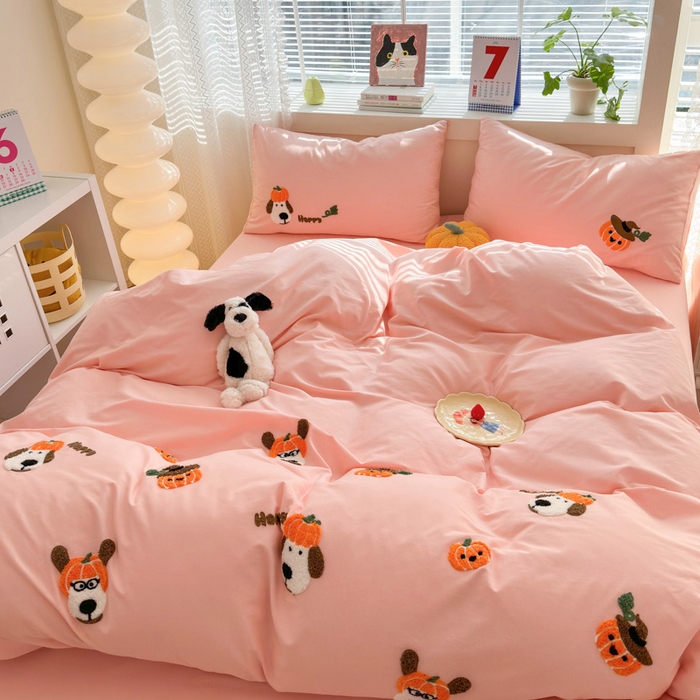 91家纺网 家纺一手货源 找家纺 锦觅 2024春夏新品韩式小清新全棉水洗棉毛巾绣40支重工刺绣纯棉四件套 南瓜派对