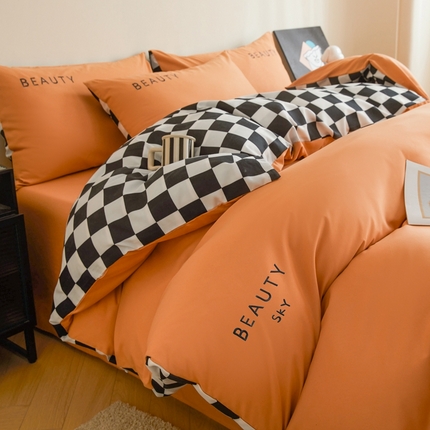 91家纺网 家纺一手货源 找家纺 （总）麦空家居 2025新款水洗棉刺绣四件套-布丁（棋盘格）