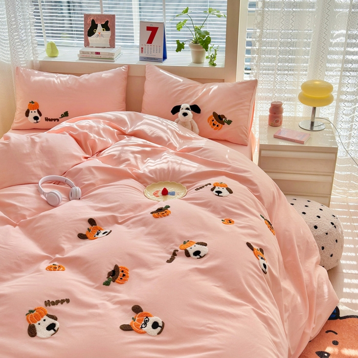 91家纺网 家纺一手货源 找家纺 锦觅 2024春夏新品韩式小清新全棉水洗棉毛巾绣40支重工刺绣纯棉四件套 南瓜派对