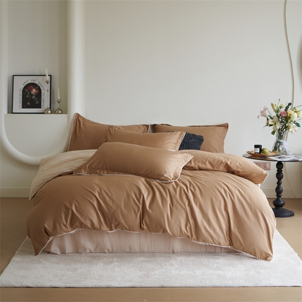 盛馨 2024新款40长绒棉美拉德色系纯色双拼全棉四件套纯棉三件套床笠套件 古巴沙色