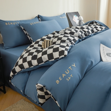 91家纺网 家纺一手货源 找家纺 （总）麦空家居 2025新款水洗棉刺绣四件套-布丁（棋盘格）