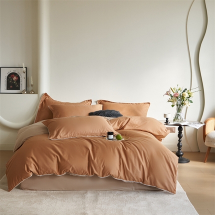 91家纺网 家纺一手货源 找家纺 盛馨 2024新款40长绒棉美拉德色系纯色双拼全棉四件套纯棉三件套床笠套件 朱颜