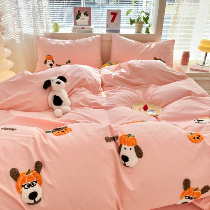 91家纺网 家纺一手货源 找家纺 锦觅 2024春夏新品韩式小清新全棉水洗棉毛巾绣40支重工刺绣纯棉四件套 南瓜派对