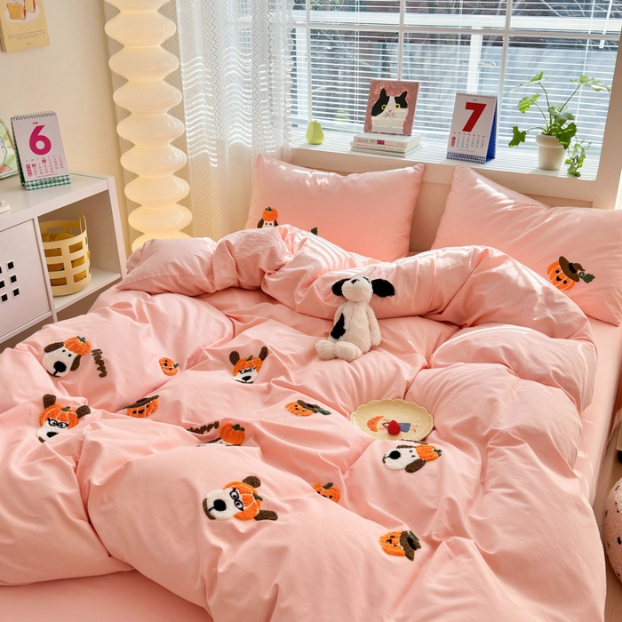 91家纺网 家纺一手货源 找家纺 锦觅 2024春夏新品韩式小清新全棉水洗棉毛巾绣40支重工刺绣纯棉四件套 南瓜派对