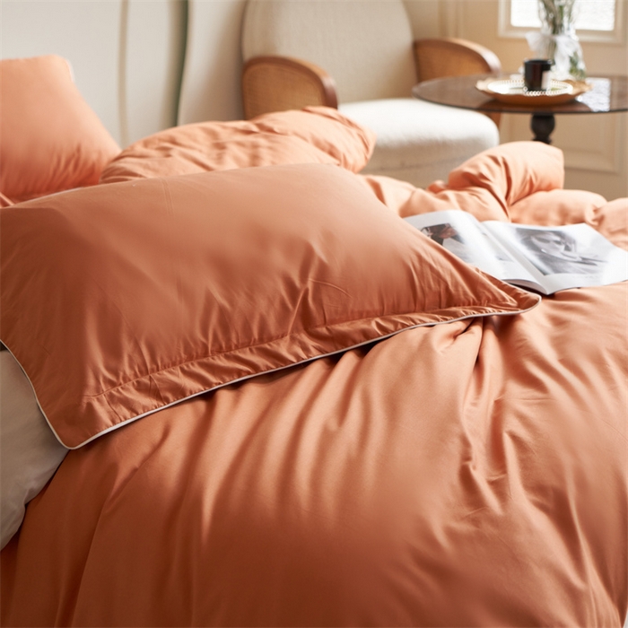 91家纺网 家纺一手货源 找家纺 盛馨 2024新款40长绒棉美拉德色系纯色双拼全棉四件套纯棉三件套床笠套件 橘橙