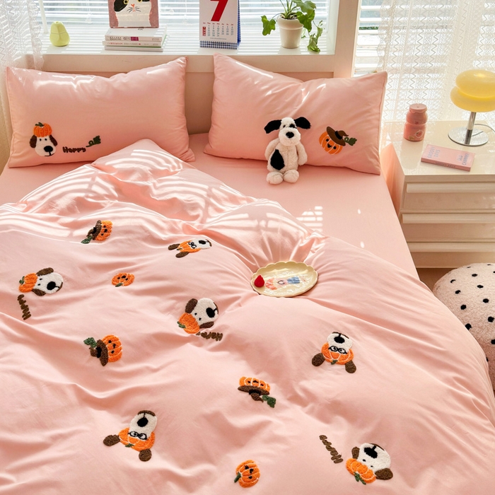 91家纺网 家纺一手货源 找家纺 锦觅 2024春夏新品韩式小清新全棉水洗棉毛巾绣40支重工刺绣纯棉四件套 南瓜派对