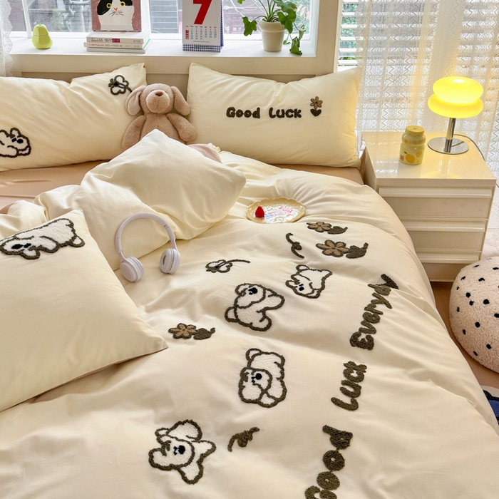 91家纺网 家纺一手货源 找家纺 锦觅 2024春夏新品韩式小清新全棉水洗棉毛巾绣40支重工刺绣纯棉四件套 泰迪乐园