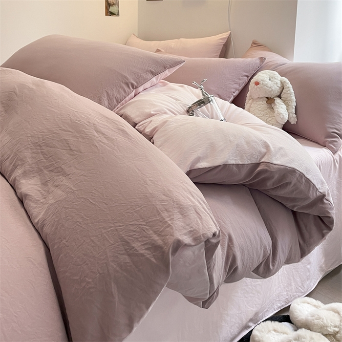 91家纺网 家纺一手货源 找家纺 贝拉梦家纺 2024新春夏款母婴级糯糯的双拼亲肤水洗棉四件套 丁香雨雾