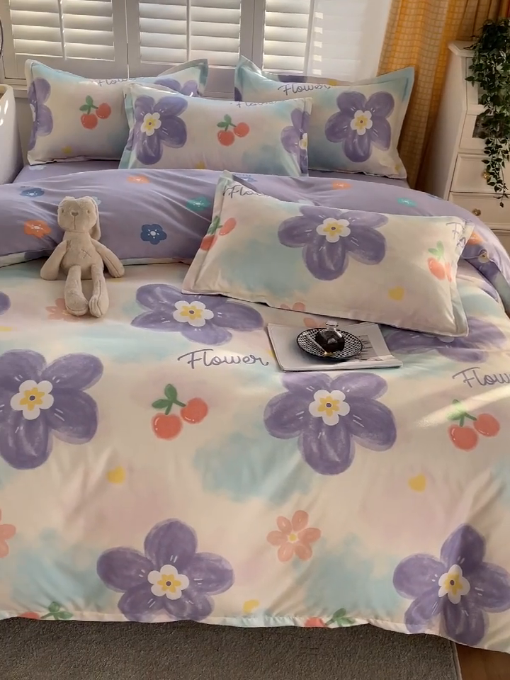 91家纺网 家纺一手货源 找家纺 2024新款直播爆款植物羊绒四件套 AB蜜恋花