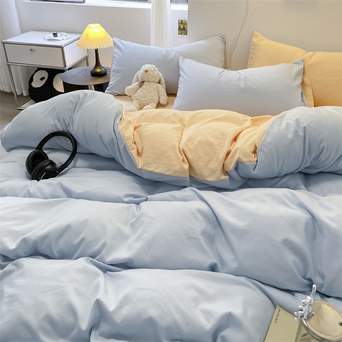 91家纺网 家纺一手货源 找家纺 贝拉梦家纺 2024新春夏款母婴级糯糯的双拼亲肤水洗棉四件套 乳酪奶橘