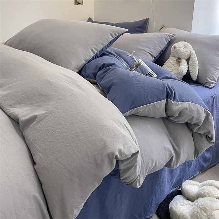 91家纺网 家纺一手货源 找家纺 贝拉梦家纺 2024新春夏款母婴级糯糯的双拼亲肤水洗棉四件套 蔚蓝