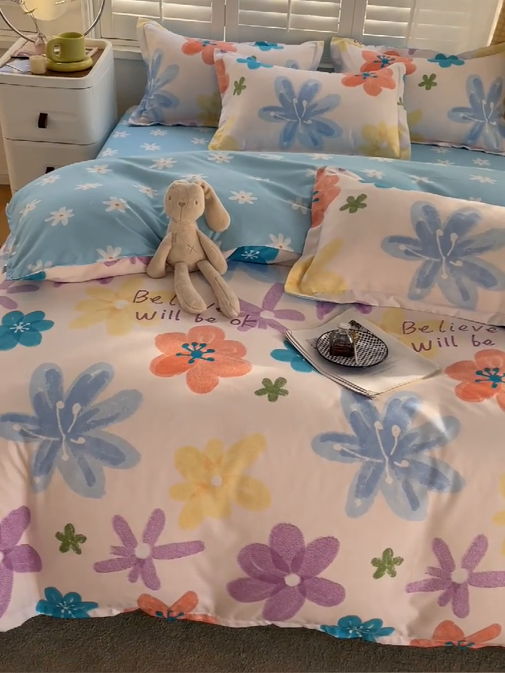 91家纺网 家纺一手货源 找家纺 2024新款直播爆款植物羊绒四件套 AB雨末花开