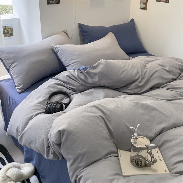 91家纺网 家纺一手货源 找家纺 贝拉梦家纺 2024新春夏款母婴级糯糯的双拼亲肤水洗棉四件套 蔚蓝