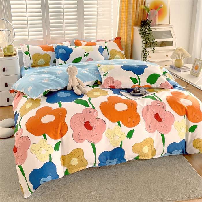 91家纺网 家纺一手货源 找家纺 2024新款直播爆款植物羊绒四件套 AB彩虹花语