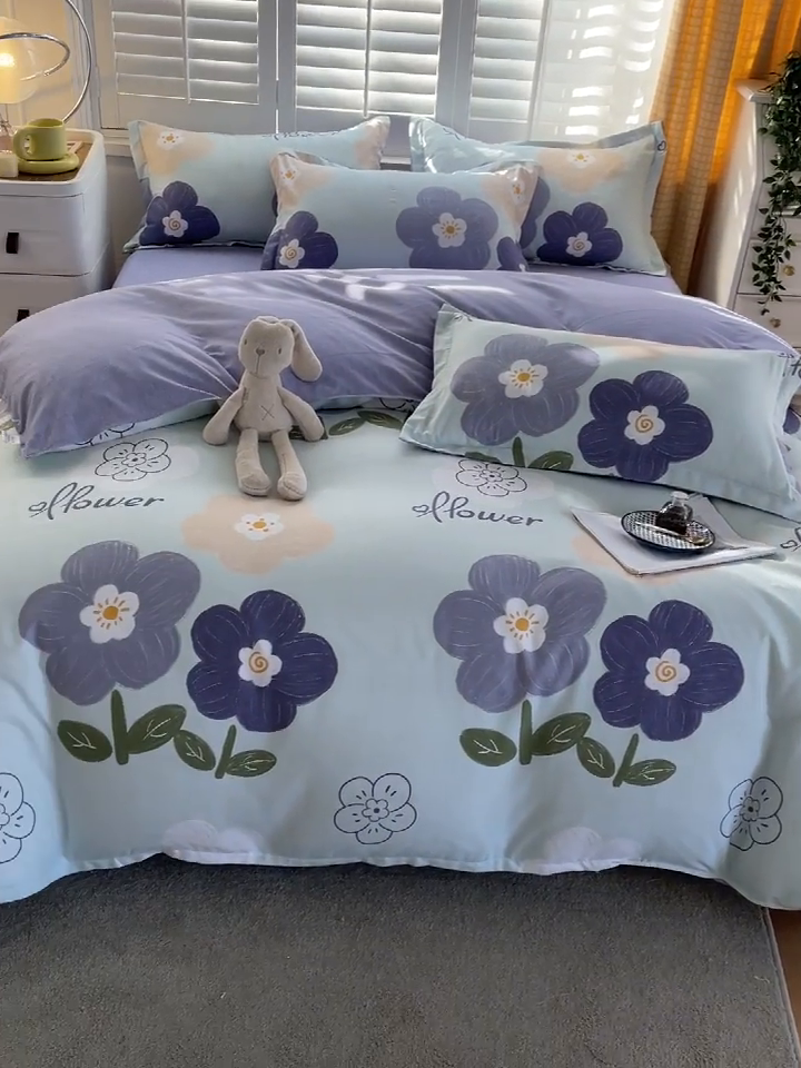 91家纺网 家纺一手货源 找家纺 2024新款直播爆款植物羊绒四件套 AB花满园