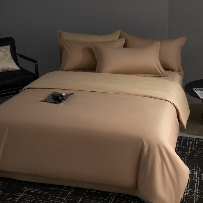 91家纺网 家纺一手货源 找家纺 小懒猪 2024春夏新款全棉舒适100支长绒棉极简系列四件套 茶棕-奇遇金