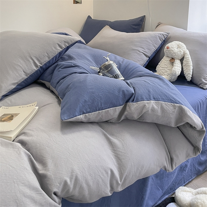 91家纺网 家纺一手货源 找家纺 贝拉梦家纺 2024新春夏款母婴级糯糯的双拼亲肤水洗棉四件套 蔚蓝