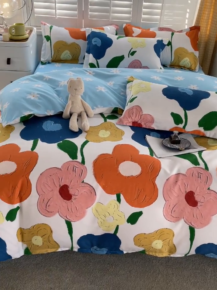 91家纺网 家纺一手货源 找家纺 2024新款直播爆款植物羊绒四件套 AB彩虹花语