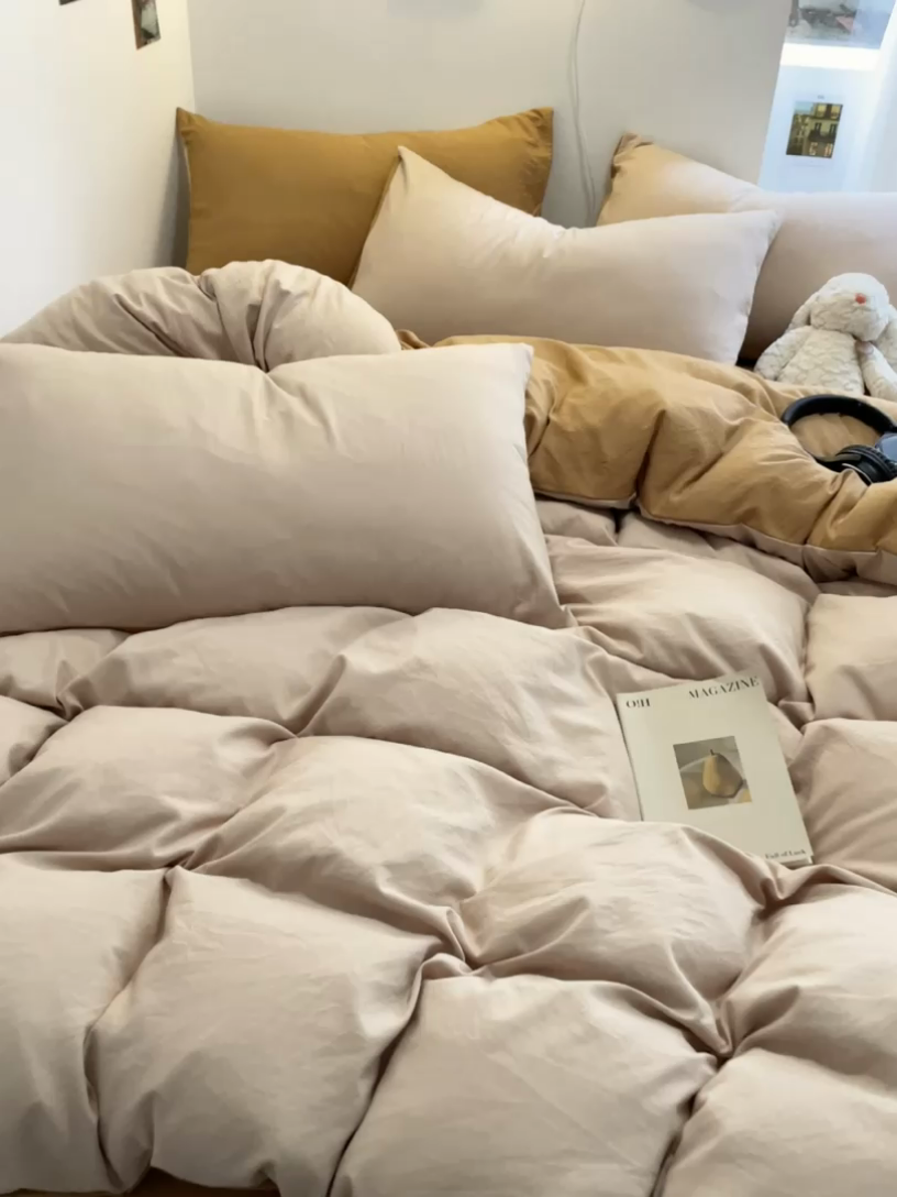 91家纺网 家纺一手货源 找家纺 贝拉梦家纺 2024新春夏款母婴级糯糯的双拼亲肤水洗棉四件套 午后奶茶