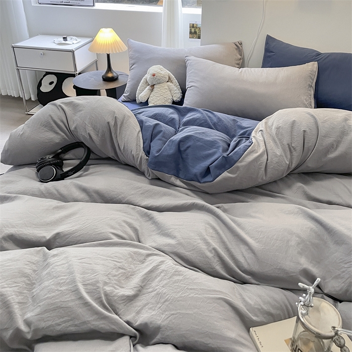 91家纺网 家纺一手货源 找家纺 贝拉梦家纺 2024新春夏款母婴级糯糯的双拼亲肤水洗棉四件套 蔚蓝