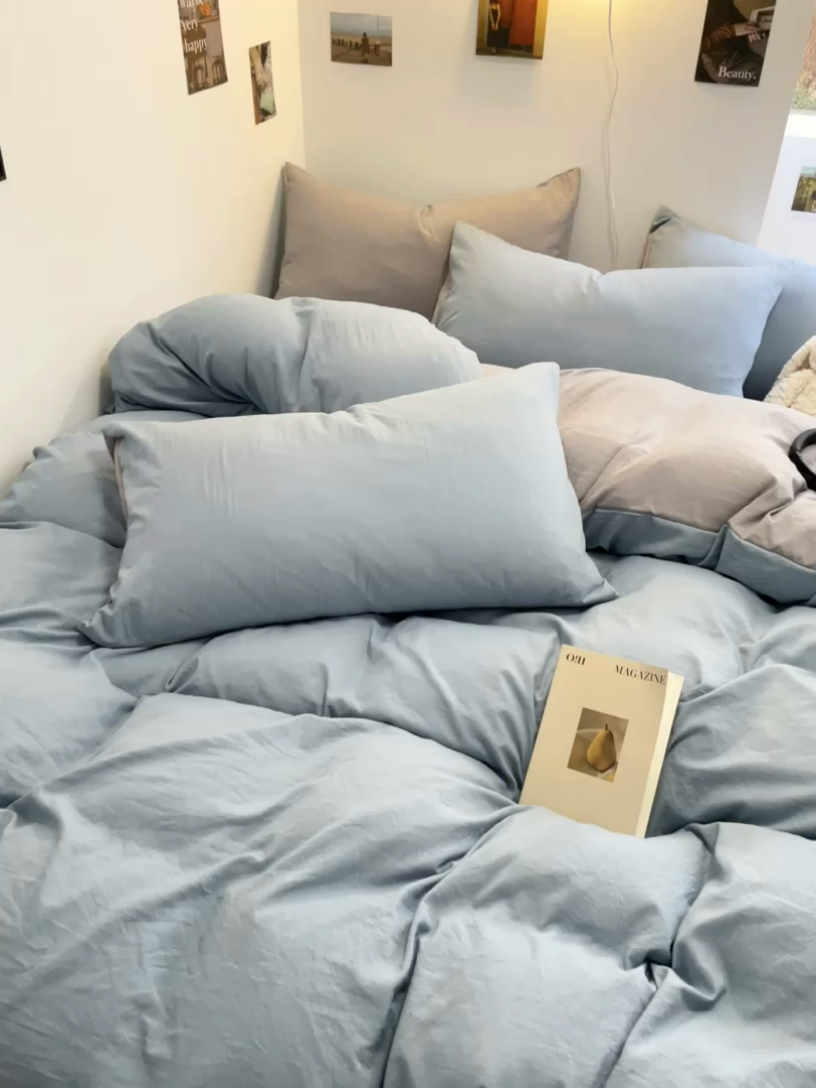 91家纺网 家纺一手货源 找家纺 贝拉梦家纺 2024新春夏款母婴级糯糯的双拼亲肤水洗棉四件套 慵懒周末