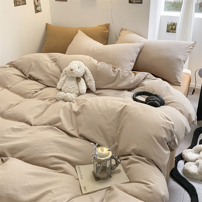 91家纺网 家纺一手货源 找家纺 贝拉梦家纺 2024新春夏款母婴级糯糯的双拼亲肤水洗棉四件套 午后奶茶