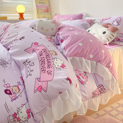 91家纺网 家纺一手货源 找家纺 （总）暮思家居 2024新款正版授权三丽鸥雪纺纱花边款系列全棉四件套