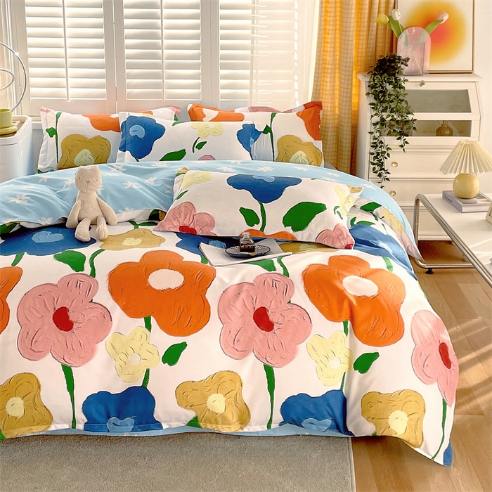 91家纺网 家纺一手货源 找家纺 2024新款直播爆款植物羊绒四件套 AB彩虹花语