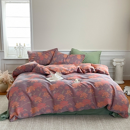 91家纺网 家纺一手货源 找家纺 艾咪 新款法式复古风纯棉双层纱布四件套（有单品售） 荷花池紫