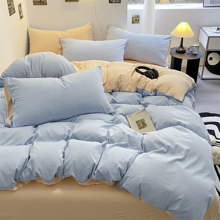 91家纺网 家纺一手货源 找家纺 贝拉梦家纺 2024新春夏款母婴级糯糯的双拼亲肤水洗棉四件套 乳酪奶橘