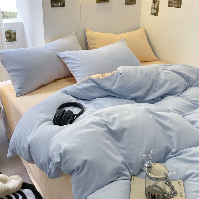 91家纺网 家纺一手货源 找家纺 贝拉梦家纺 2024新春夏款母婴级糯糯的双拼亲肤水洗棉四件套 乳酪奶橘