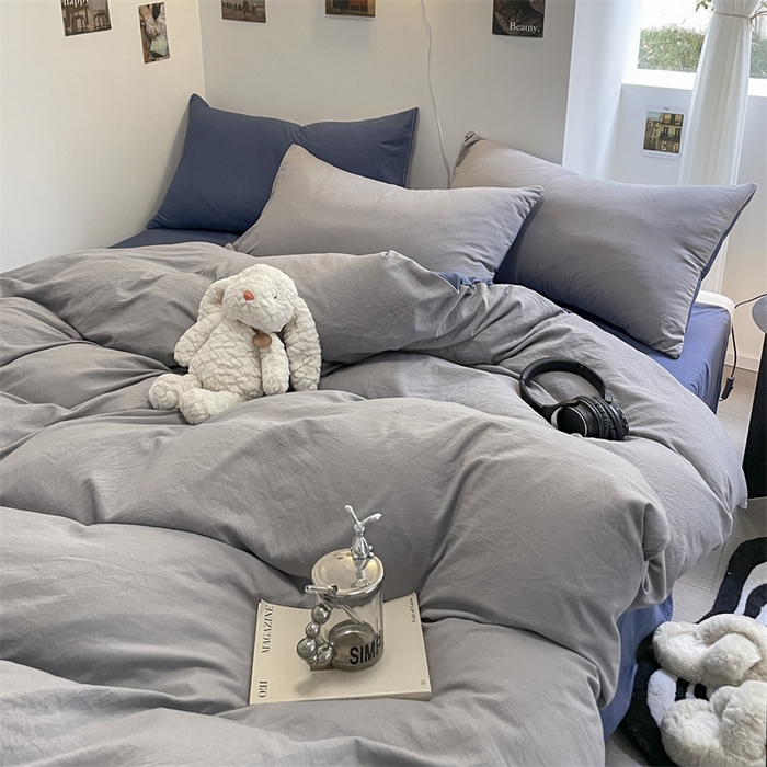 91家纺网 家纺一手货源 找家纺 贝拉梦家纺 2024新春夏款母婴级糯糯的双拼亲肤水洗棉四件套 蔚蓝