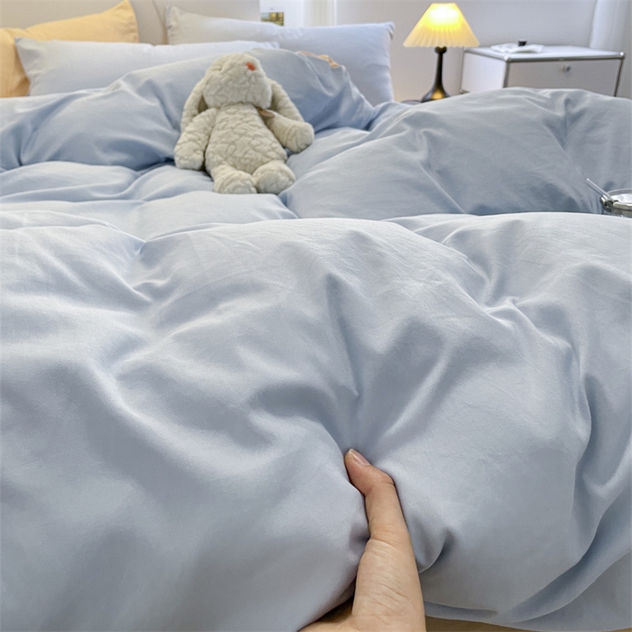 91家纺网 家纺一手货源 找家纺 贝拉梦家纺 2024新春夏款母婴级糯糯的双拼亲肤水洗棉四件套 乳酪奶橘