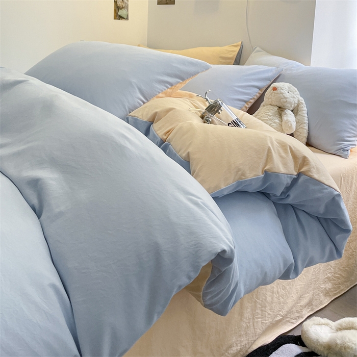 91家纺网 家纺一手货源 找家纺 贝拉梦家纺 2024新春夏款母婴级糯糯的双拼亲肤水洗棉四件套 乳酪奶橘