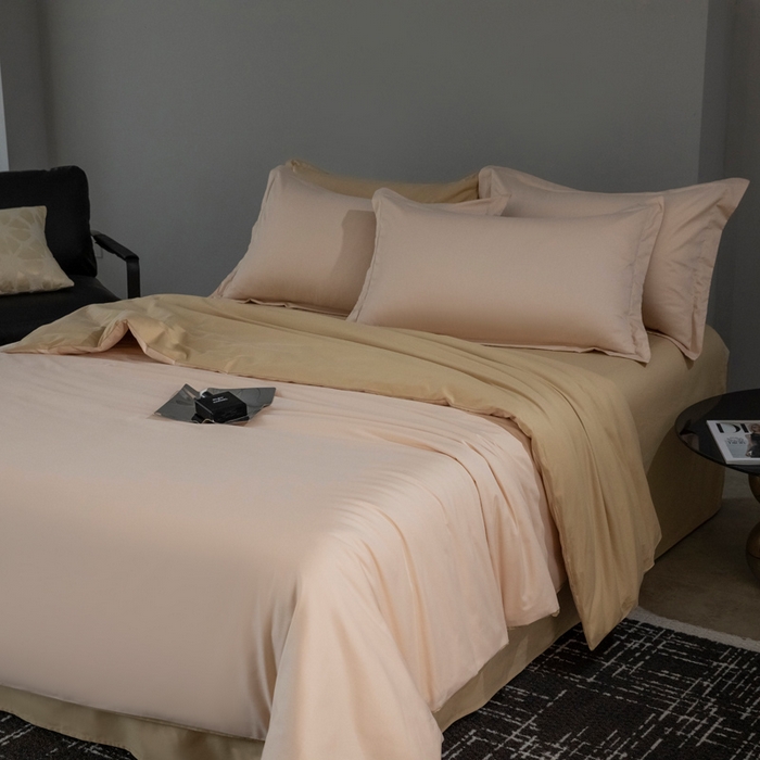 91家纺网 家纺一手货源 找家纺 小懒猪 2024春夏新款全棉舒适100支长绒棉极简系列四件套 白桃粉-奇遇金