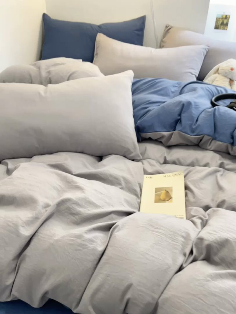 91家纺网 家纺一手货源 找家纺 贝拉梦家纺 2024新春夏款母婴级糯糯的双拼亲肤水洗棉四件套 蔚蓝