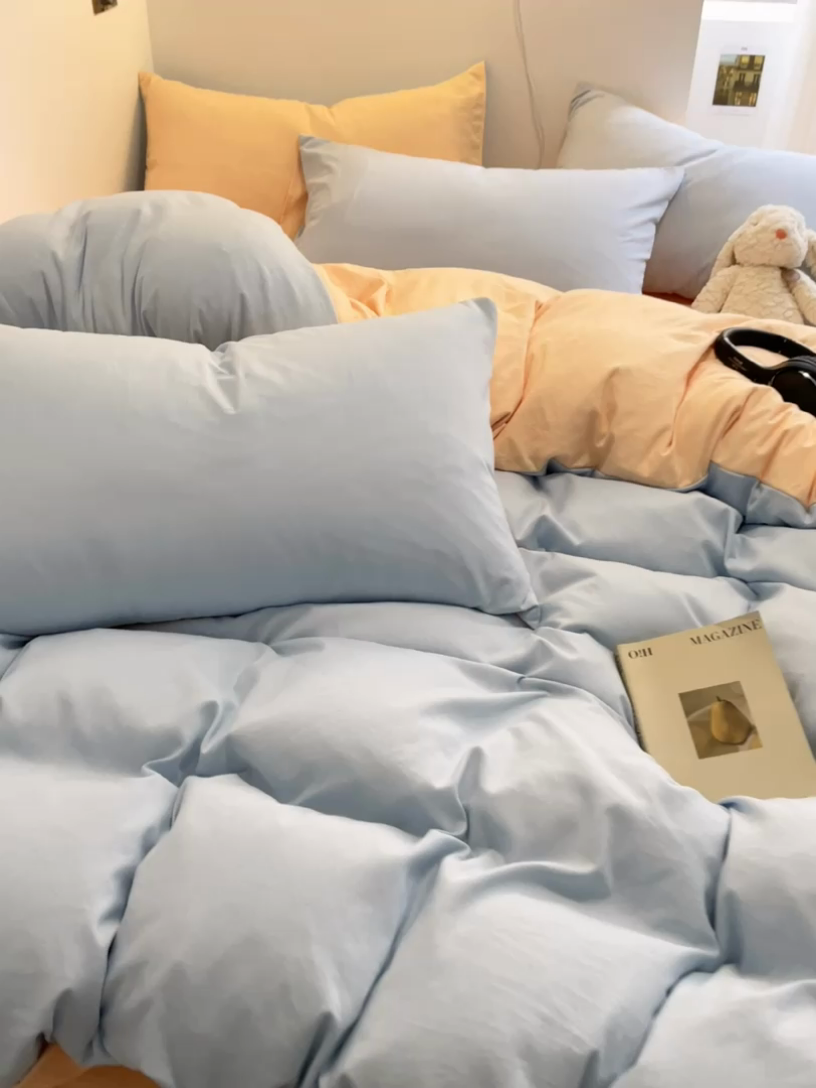 91家纺网 家纺一手货源 找家纺 贝拉梦家纺 2024新春夏款母婴级糯糯的双拼亲肤水洗棉四件套 乳酪奶橘