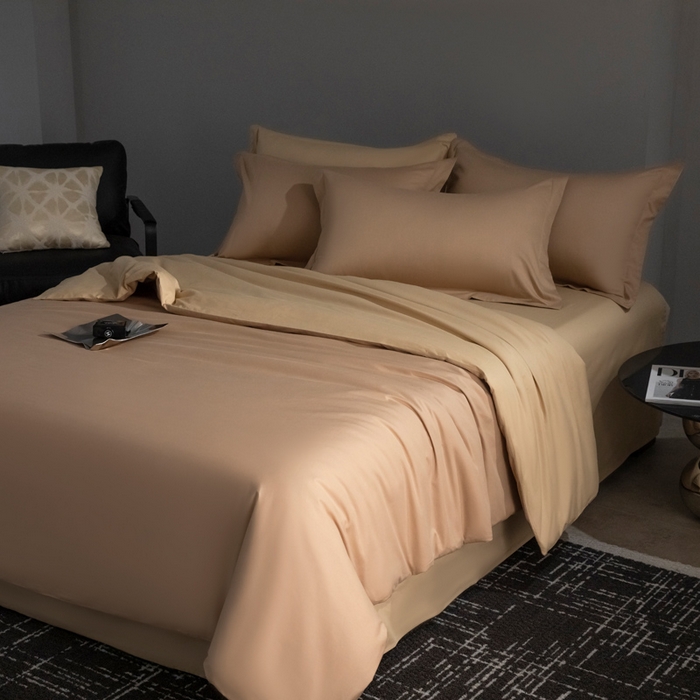 91家纺网 家纺一手货源 找家纺 小懒猪 2024春夏新款全棉舒适100支长绒棉极简系列四件套 茶棕-奇遇金