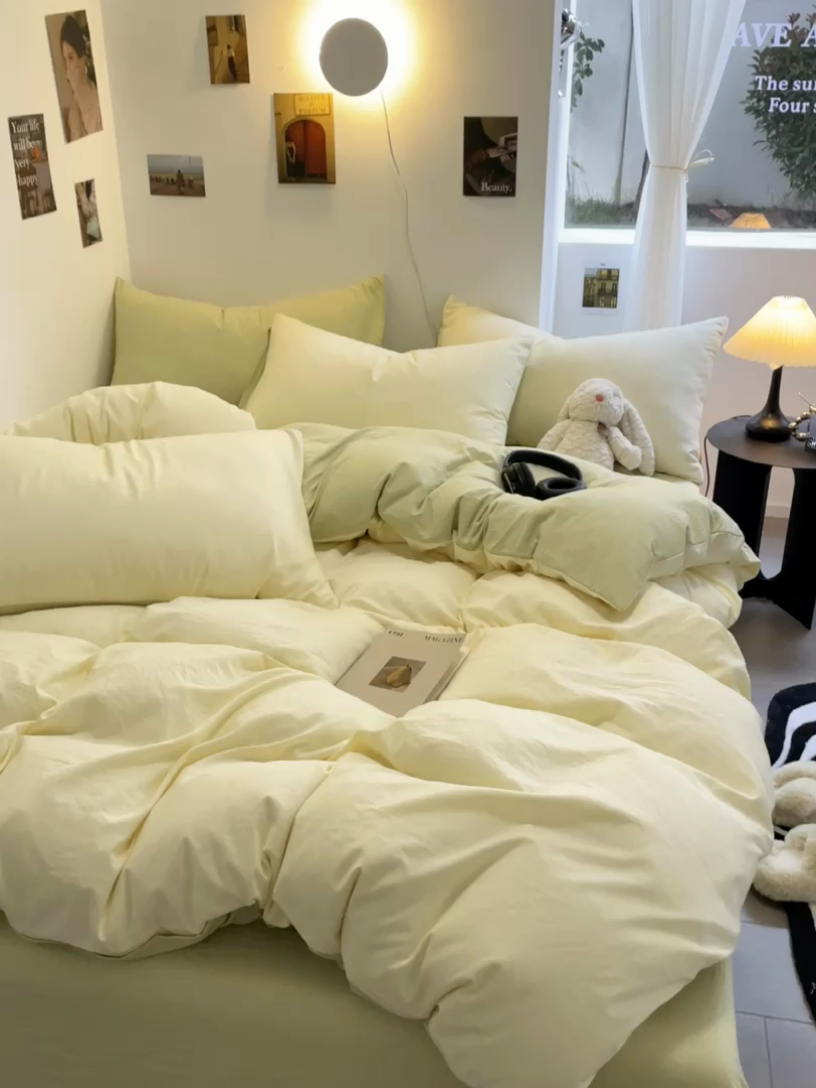 91家纺网 家纺一手货源 找家纺 贝拉梦家纺 2024新春夏款母婴级糯糯的双拼亲肤水洗棉四件套 英国梨