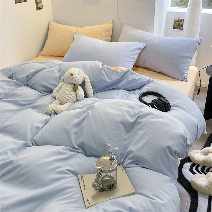 91家纺网 家纺一手货源 找家纺 贝拉梦家纺 2024新春夏款母婴级糯糯的双拼亲肤水洗棉四件套 乳酪奶橘